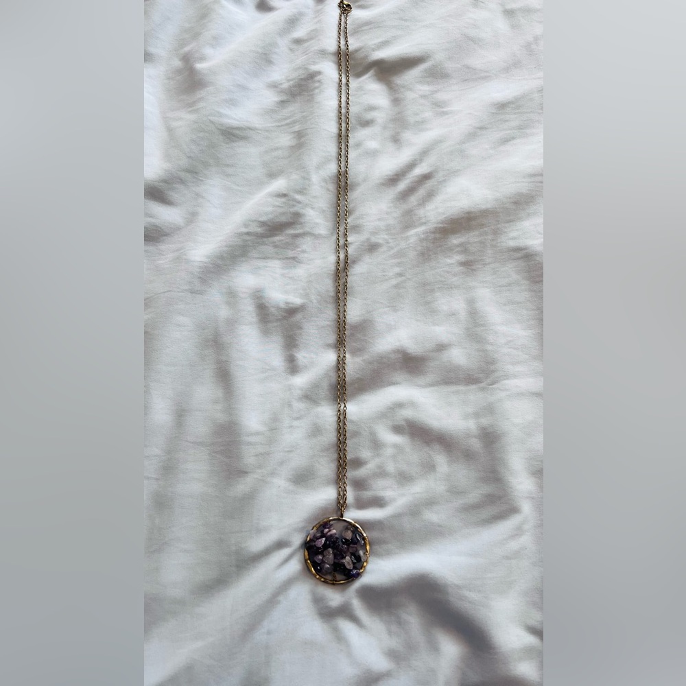 Purples and gold stone circular long necklace